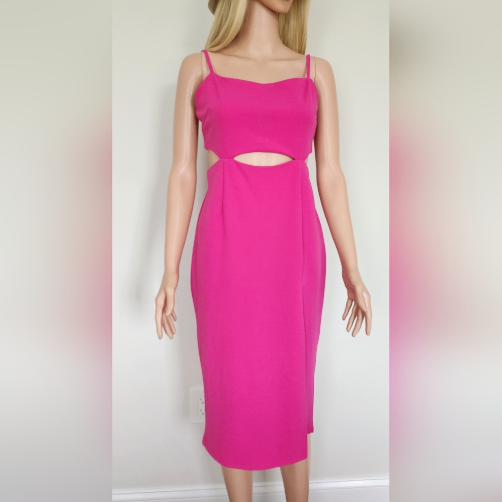 JUST QUELLA HOT PINK FUCHSIA CUTOUT SPAGHETTI STRAP MIDI DRESS MEDIUM